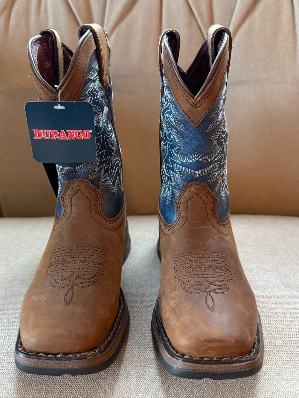 Durango Brown Leather Cowboy Boots with Blue Embroidered Shaft